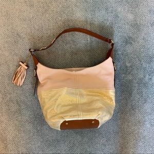 Nanette Lepore Pink, Tan, and Gold Tote Bag with Tassels and Gold Hardware